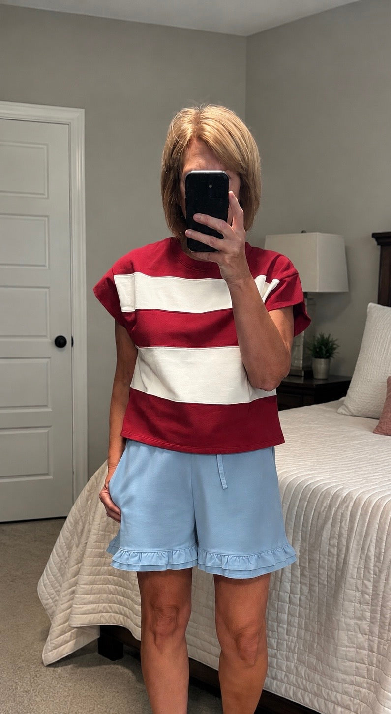 Crimson and white broad striped top