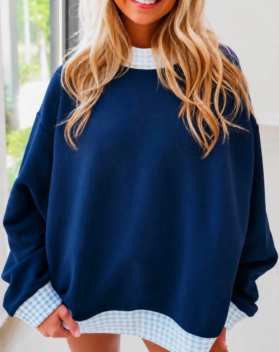 Navy gingham sweatshirt