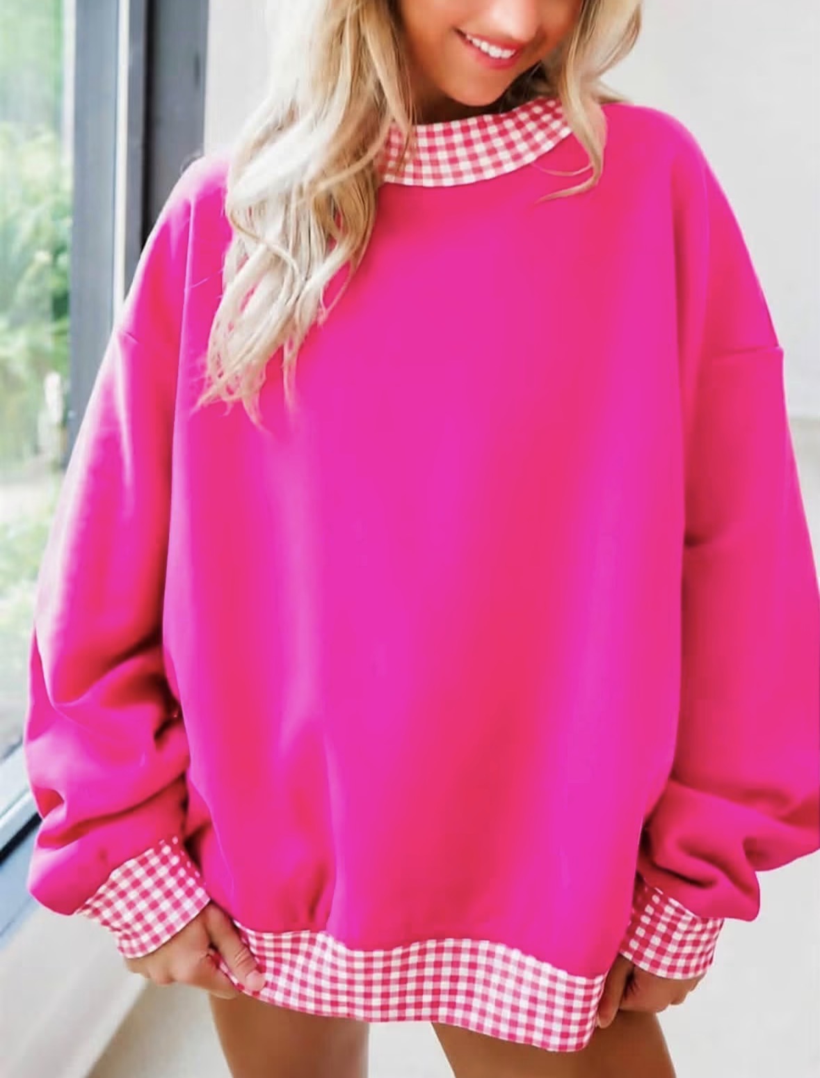 Hot pink gingham sweatshirt