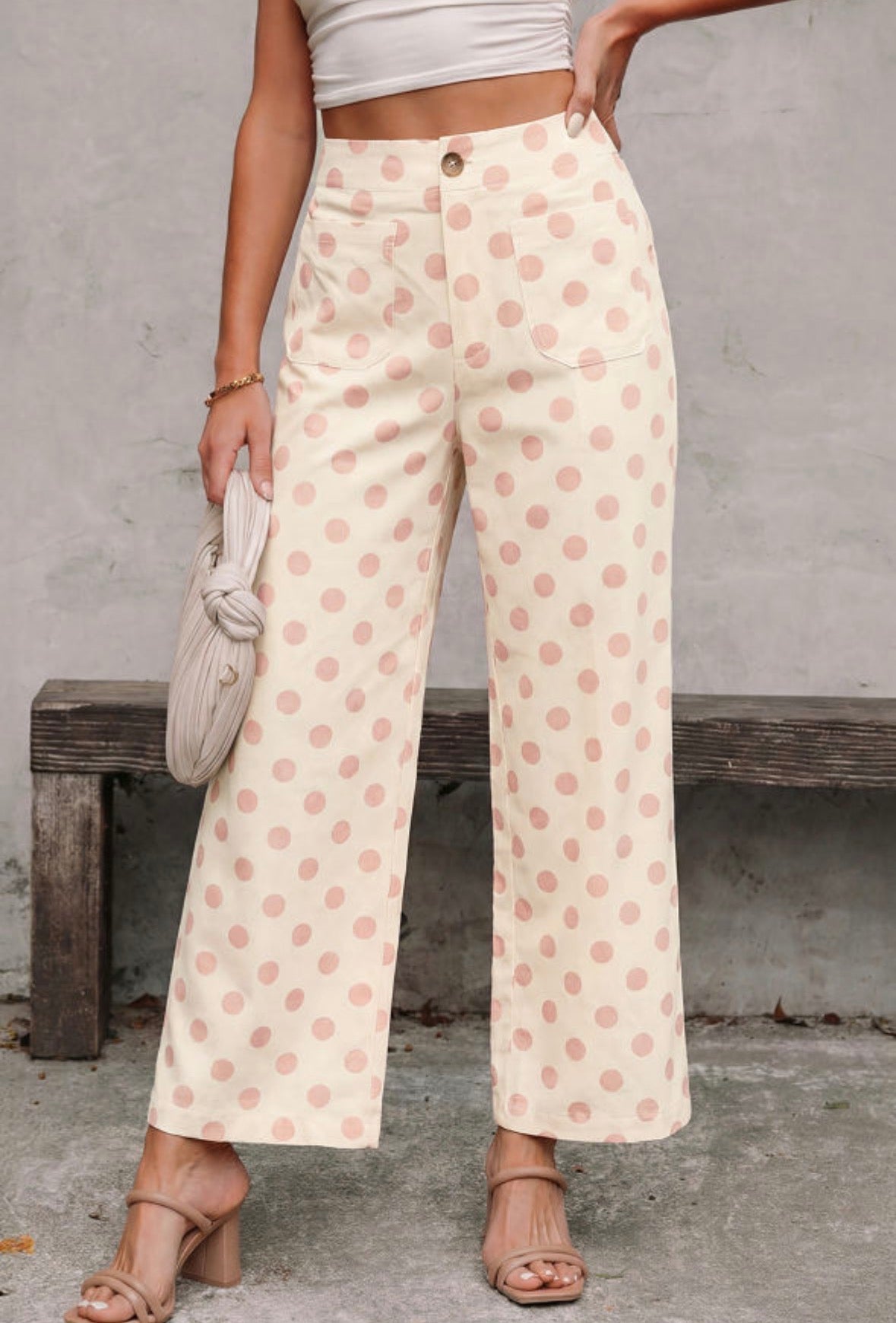 Cream with pink polka dots