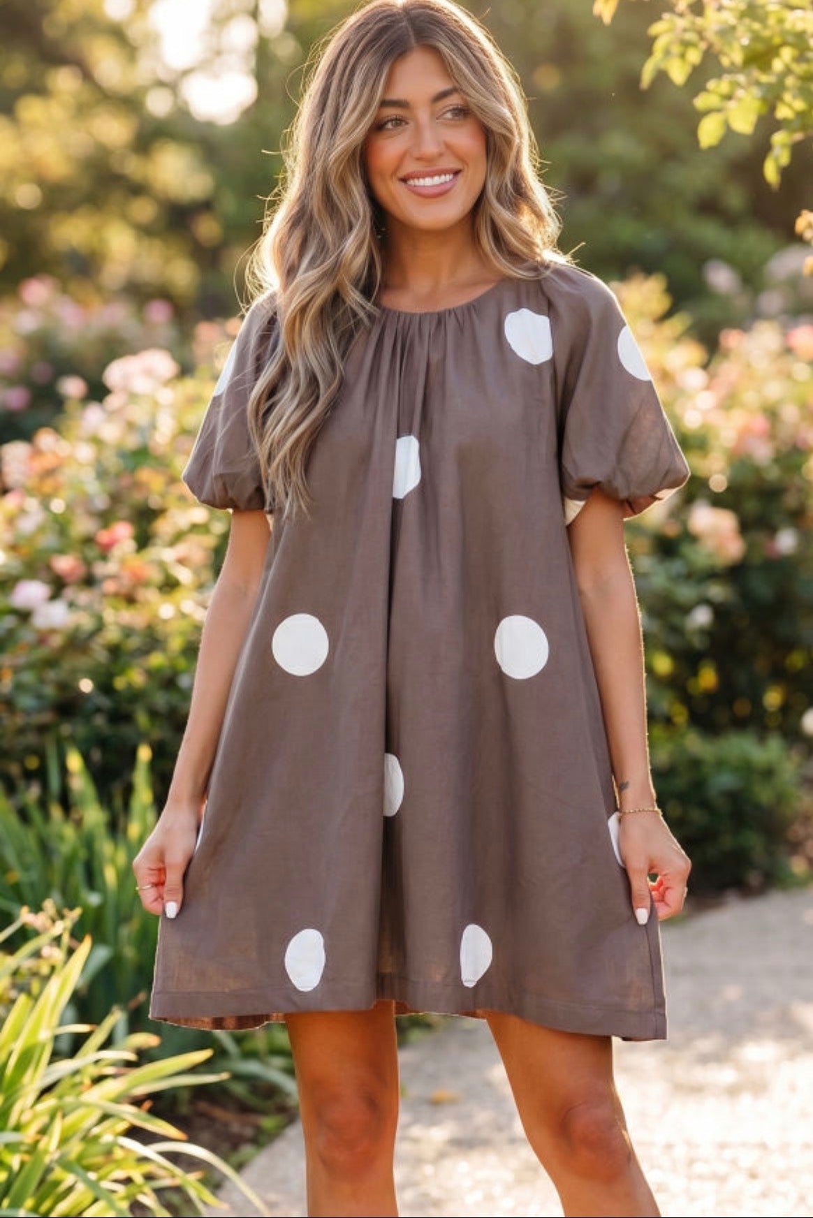 Brown and white polka dot dress