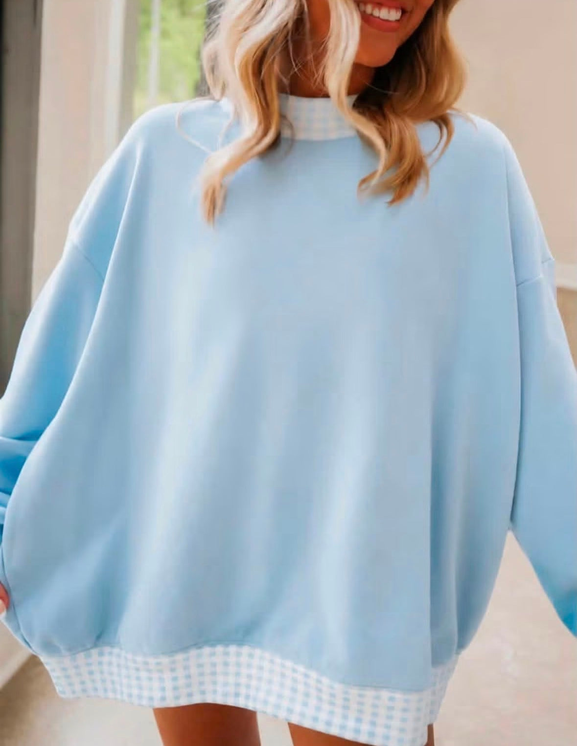Light blue gingham sweatshirt
