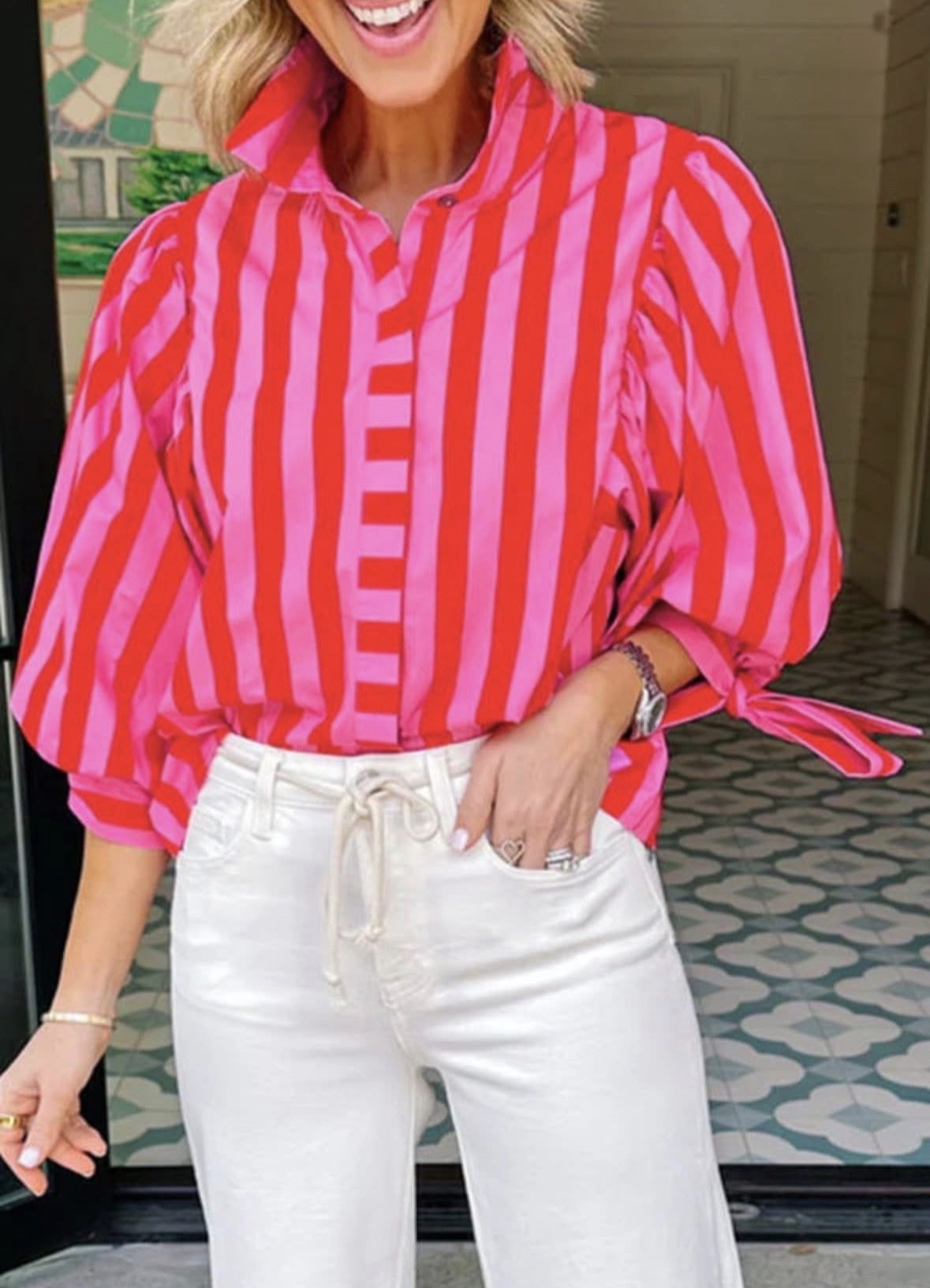 Pink and red button up top