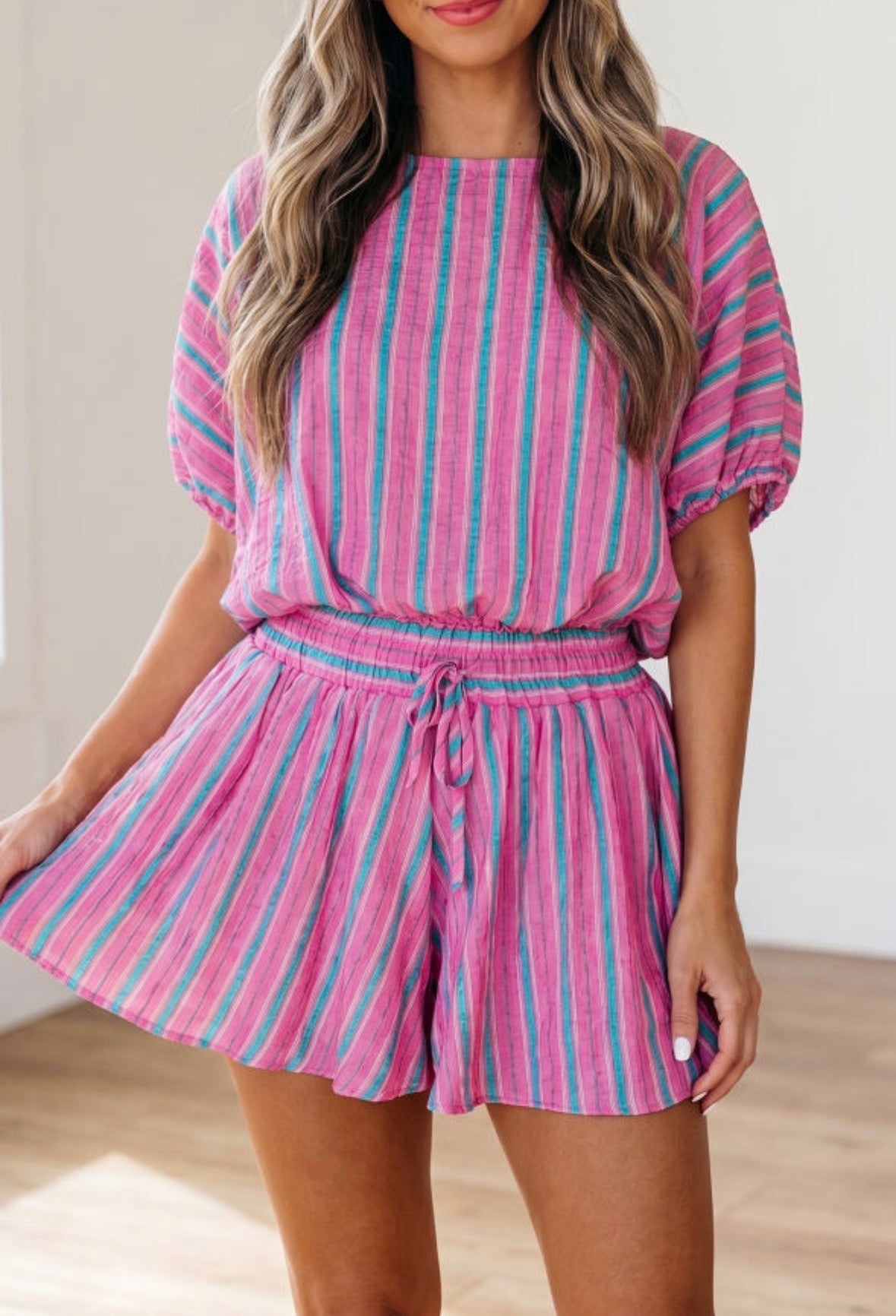 Pink and blue stripe short set