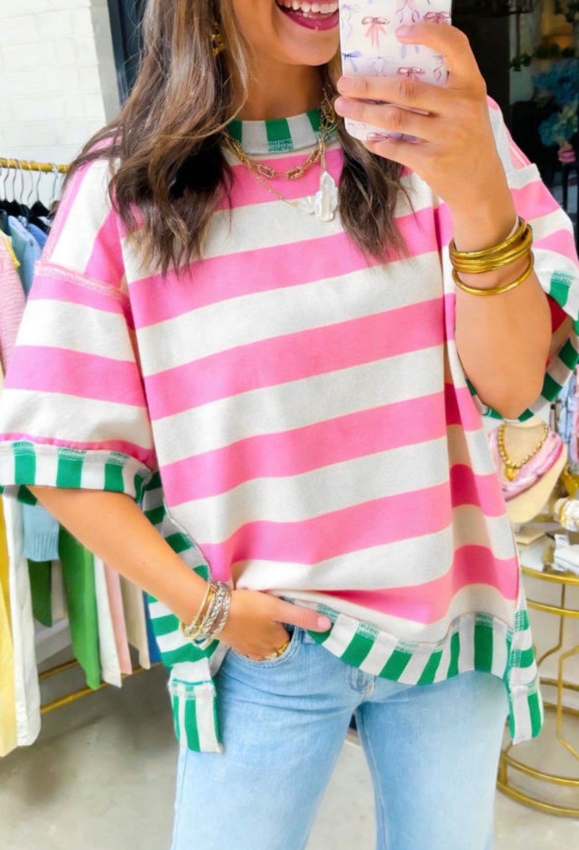 Pink striped exposed seam