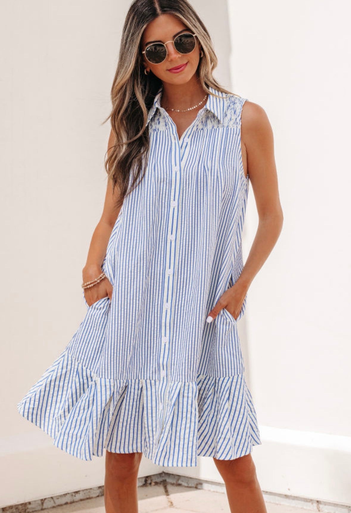 Blue and white striped dress