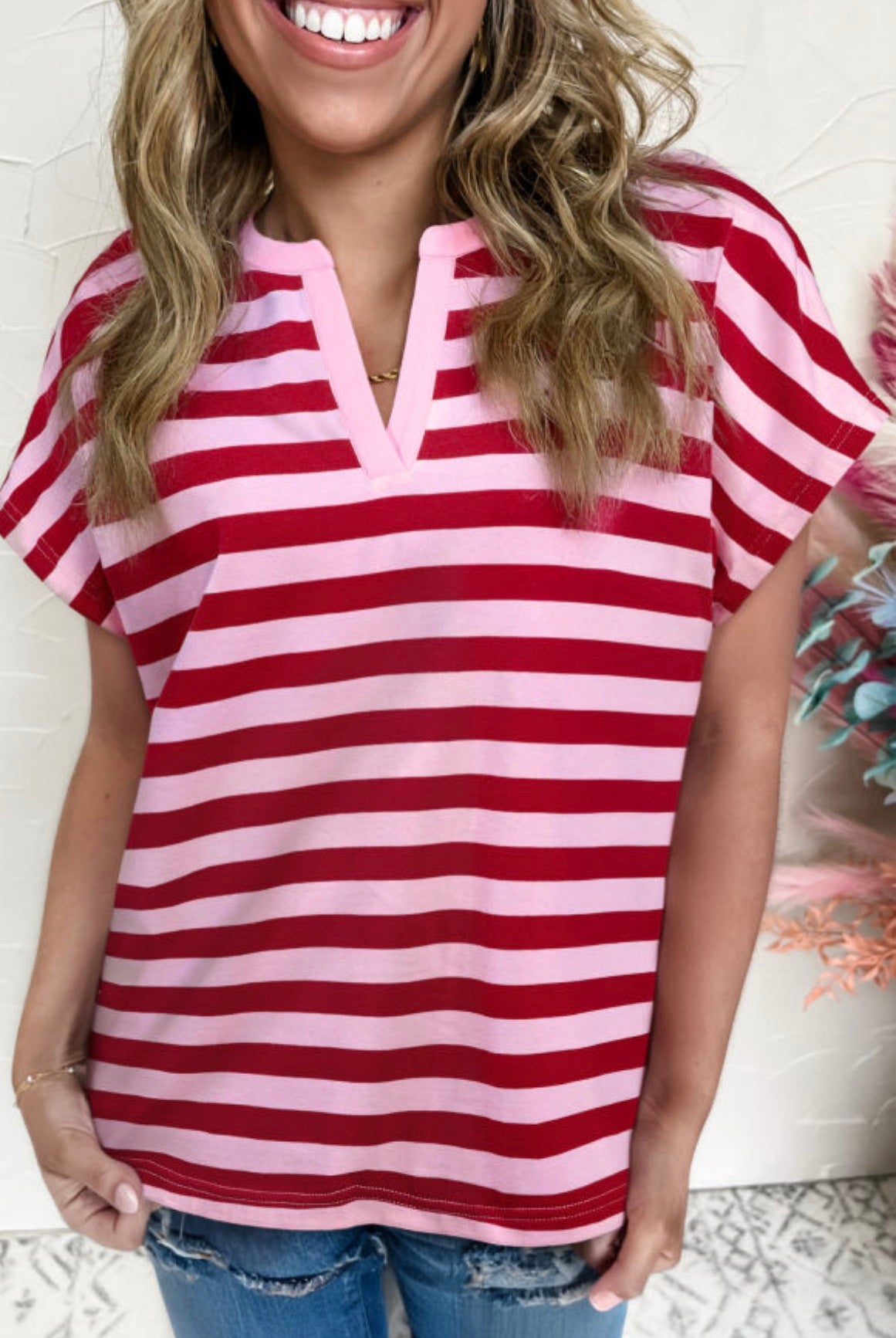 Pink and red stripe top