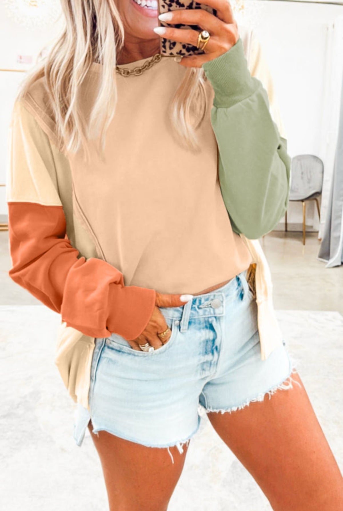Beige Color Block Casual Sweatshirt