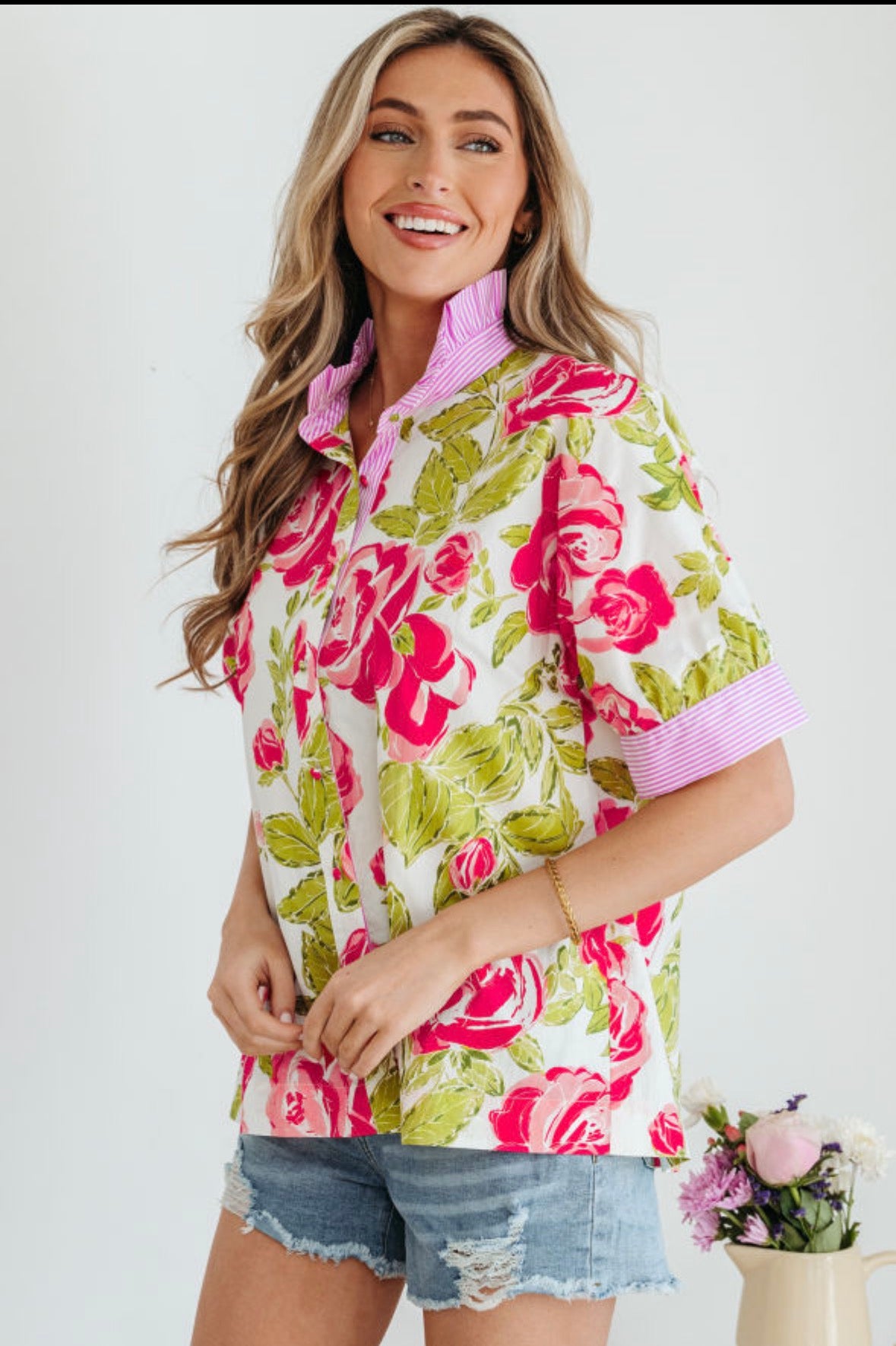Pink floral top with frill collar