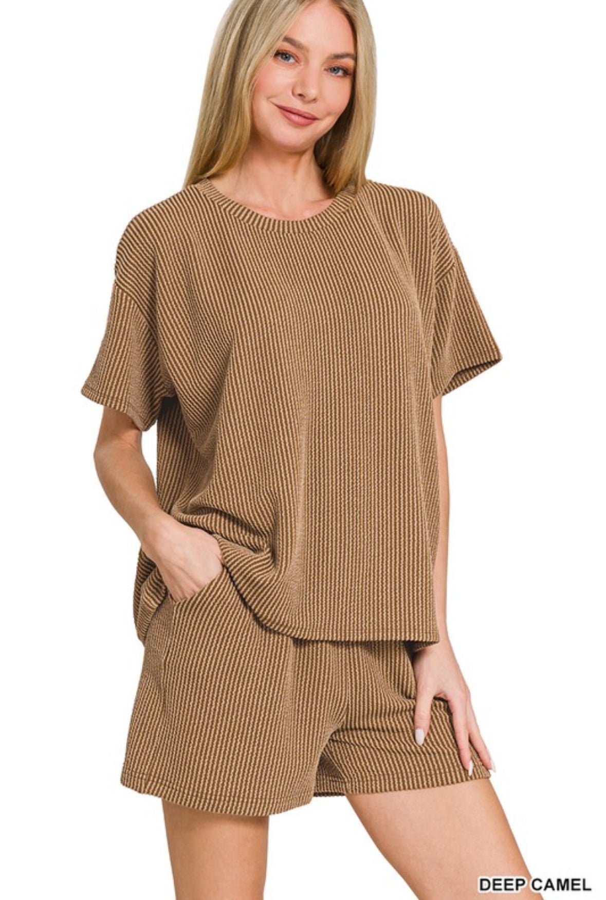 Zenana ribbed knit short set Deep Camel