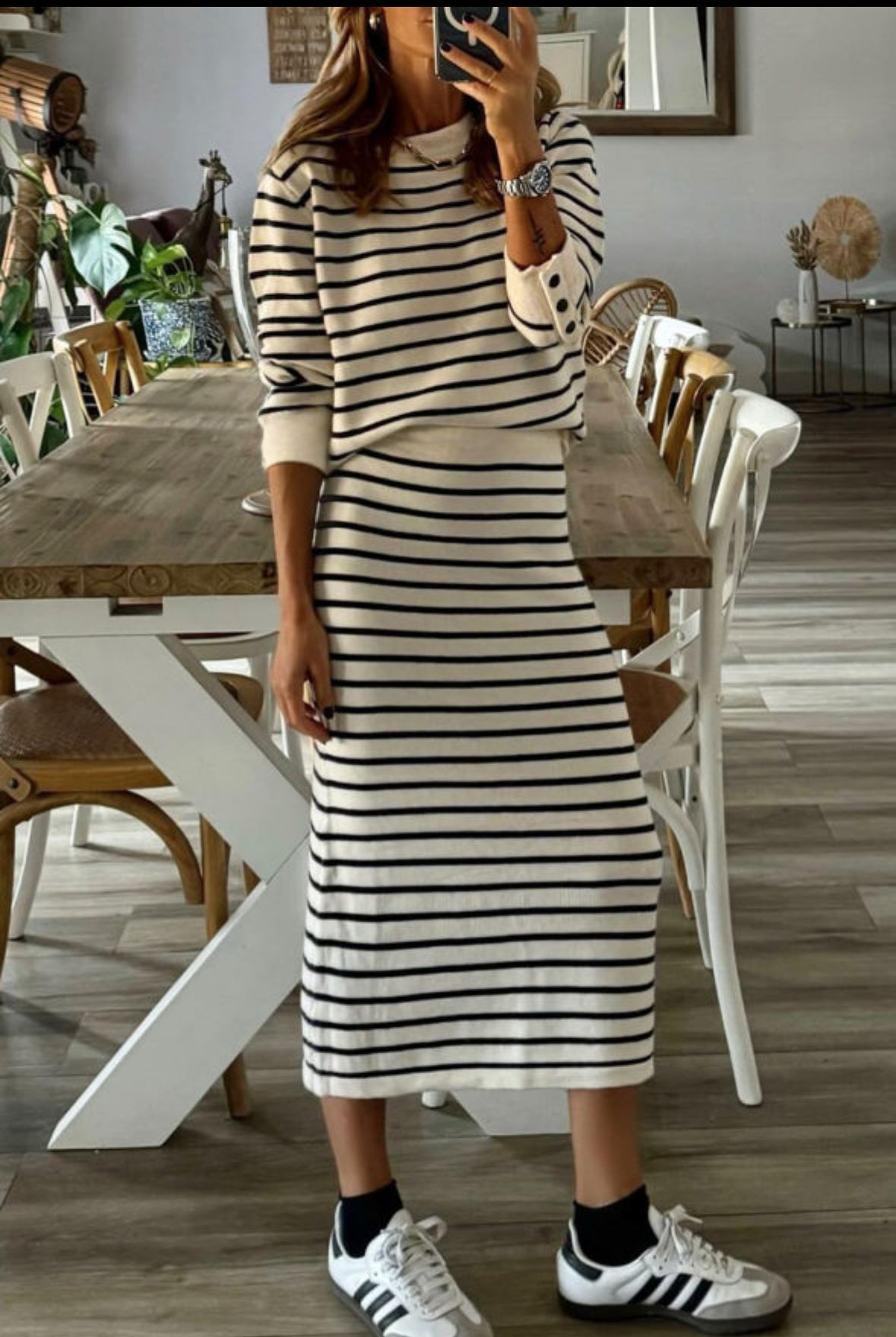 Black and white striped skirt set