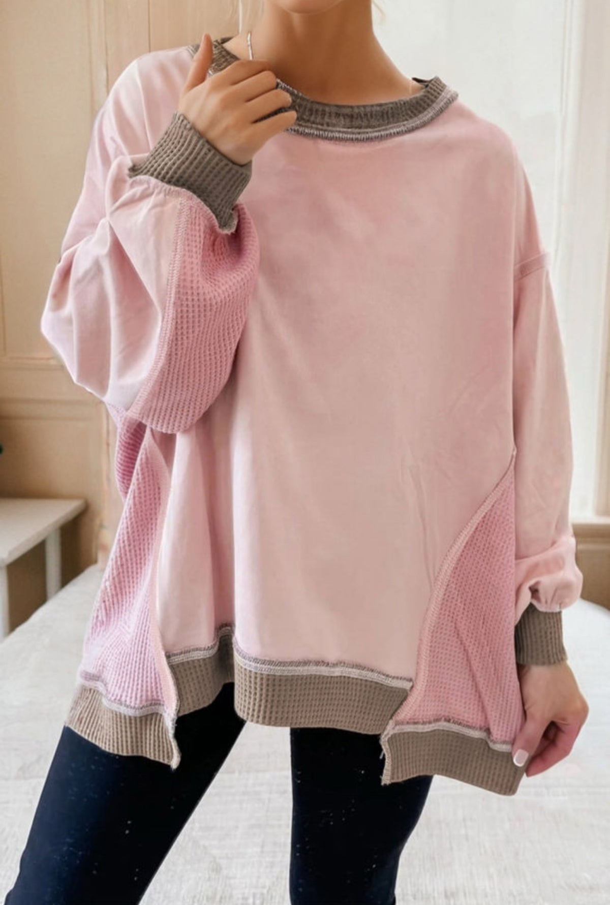 Light Pink Color Block Mixed Texture Top