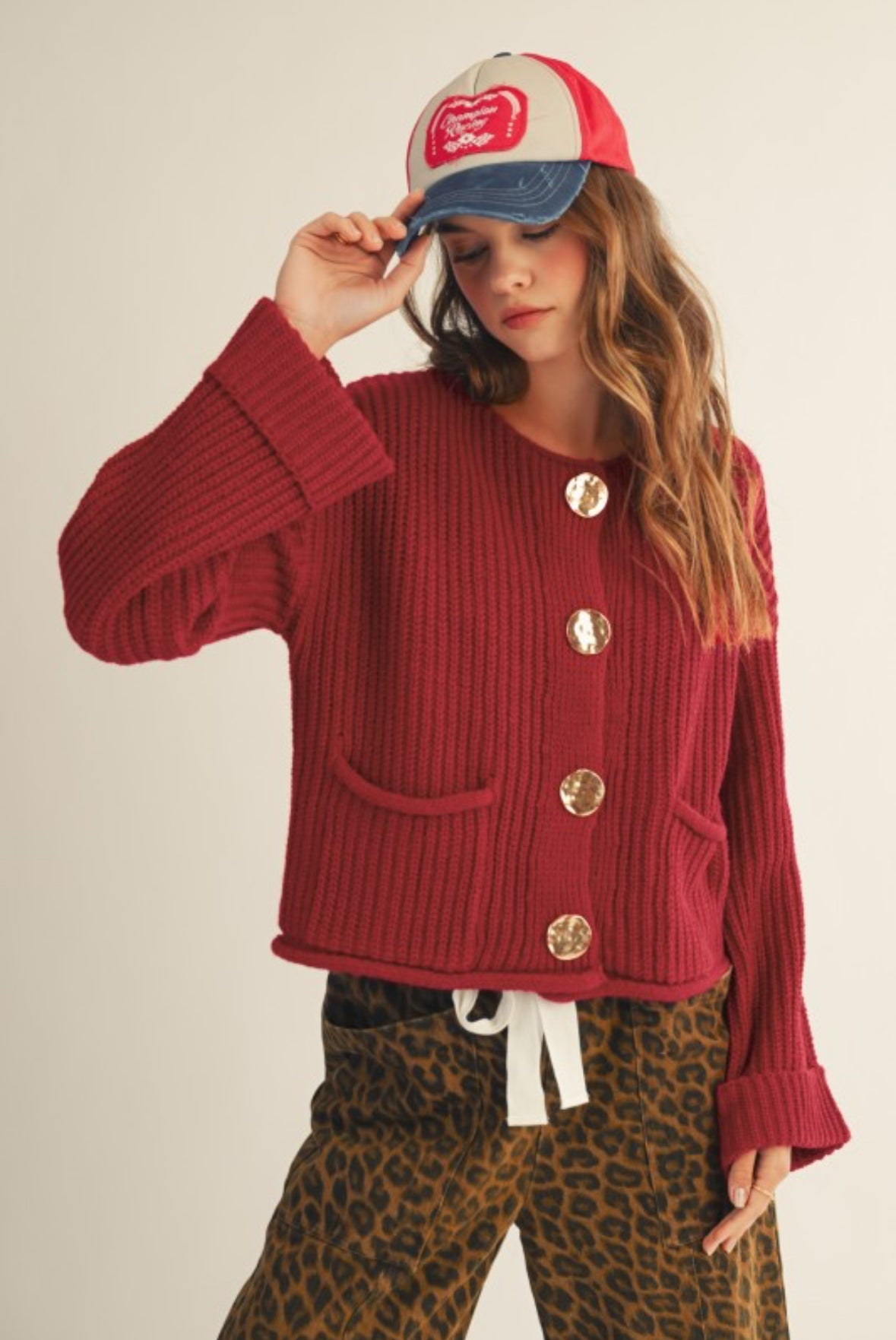 Gold button front  Burgundy cardigan