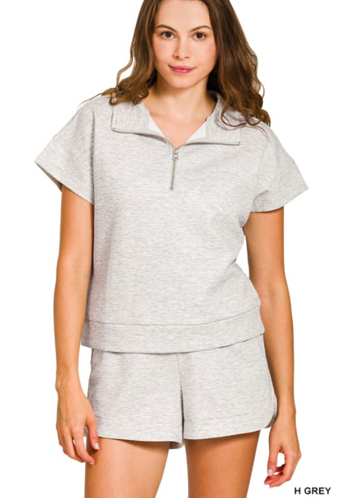 Zenana scuba quarters zip and short set Heather Gray