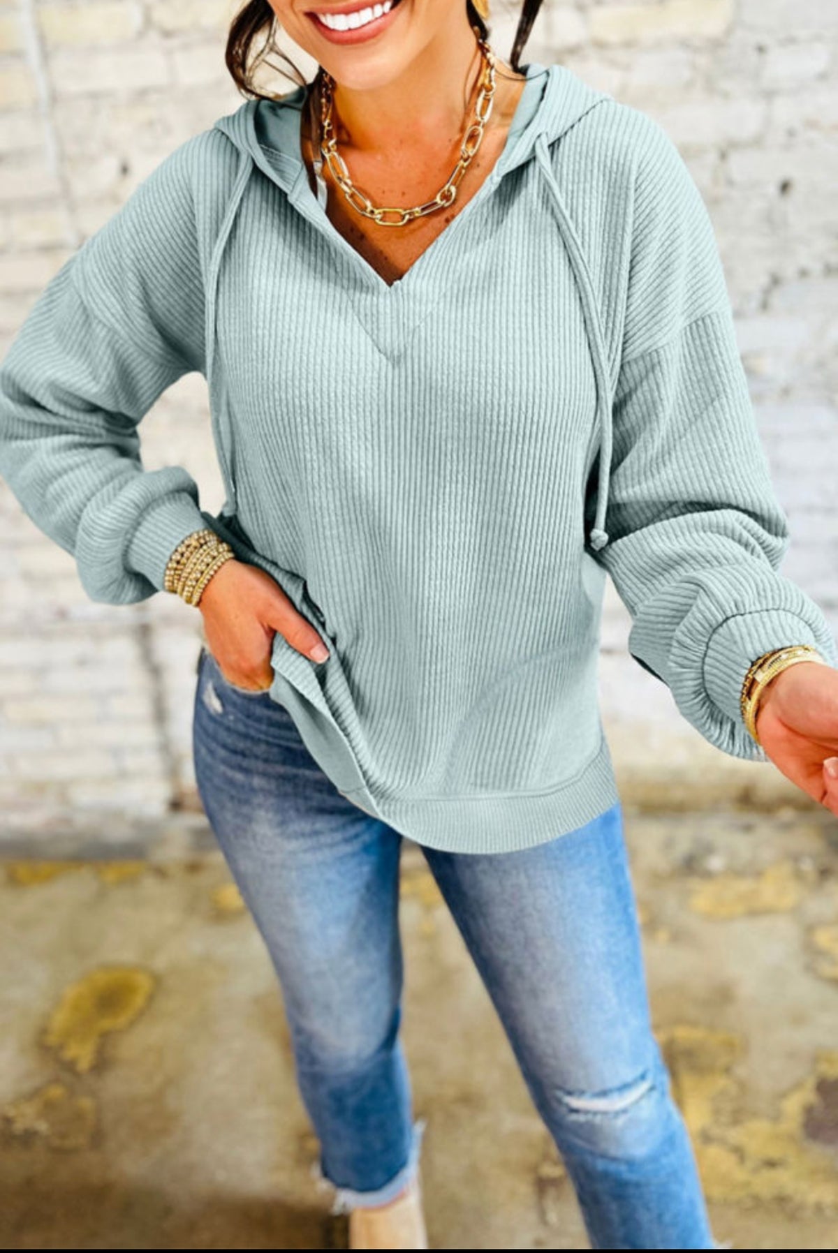 Aqua Ribbed Drop Shoulder Hoodie