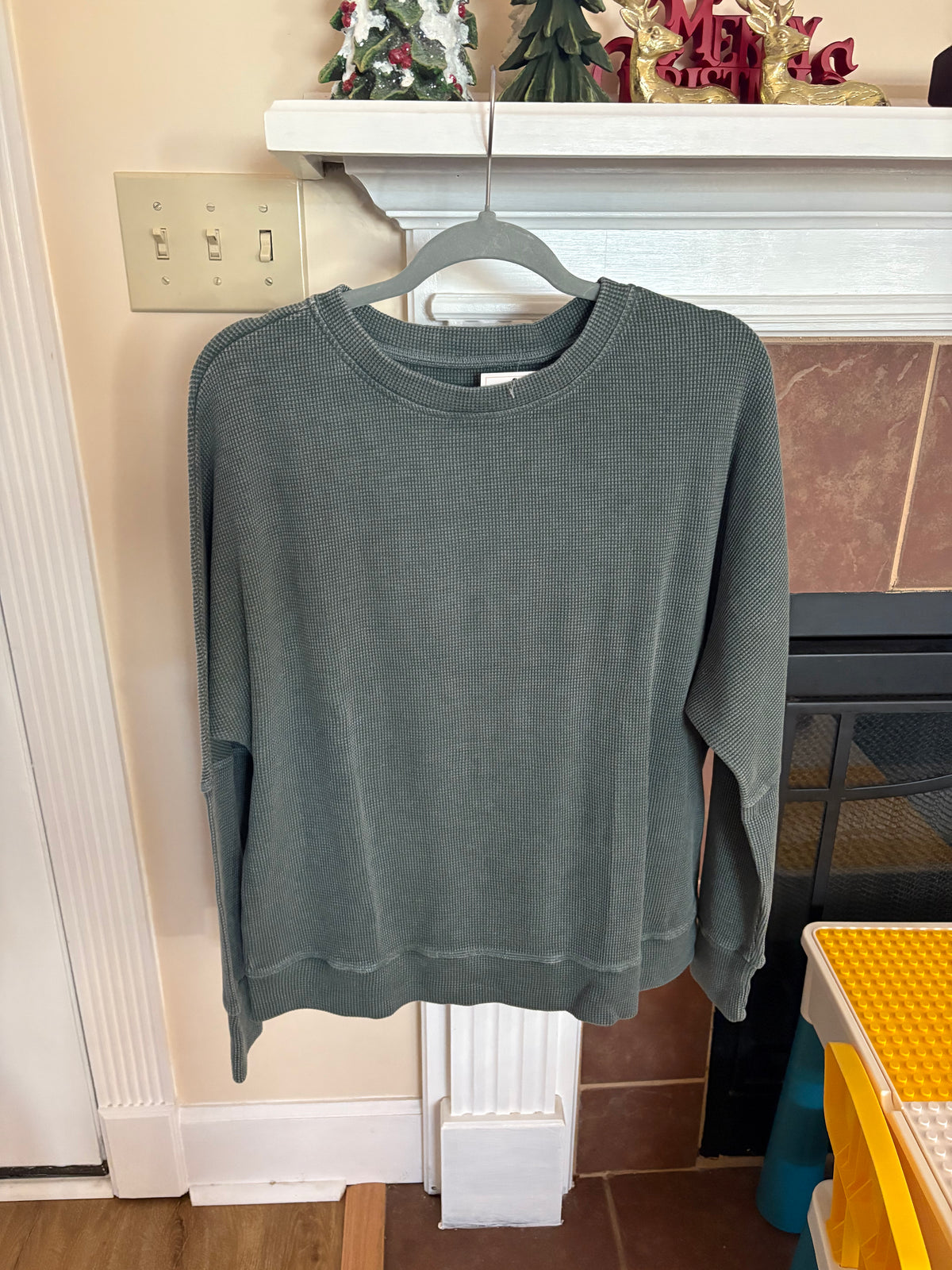 Green waffle knit top